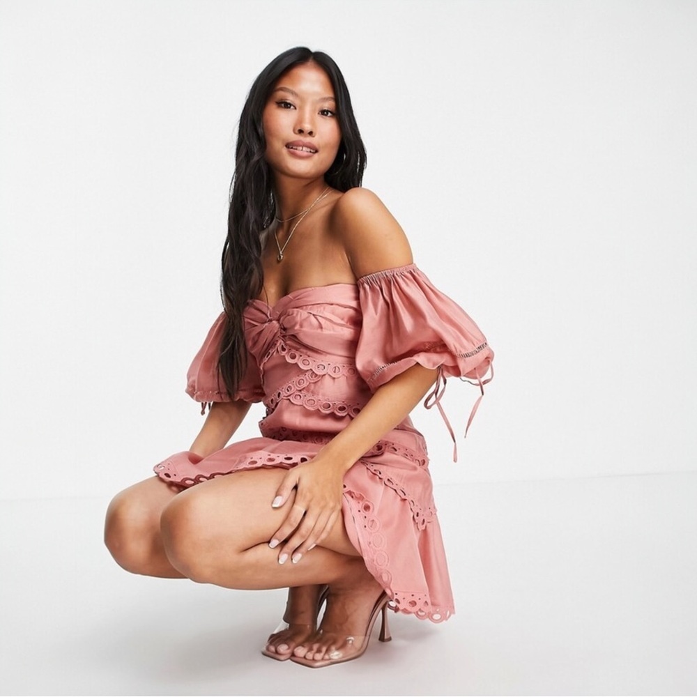 ASOS Off The Shoulder Coquette Voile Mini Dress With Lace - Picture 10 of 10